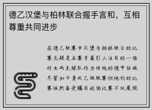 德乙汉堡与柏林联合握手言和，互相尊重共同进步