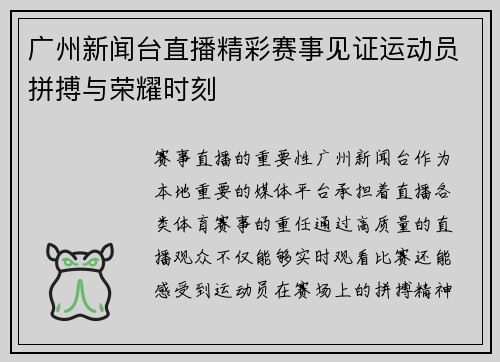 广州新闻台直播精彩赛事见证运动员拼搏与荣耀时刻